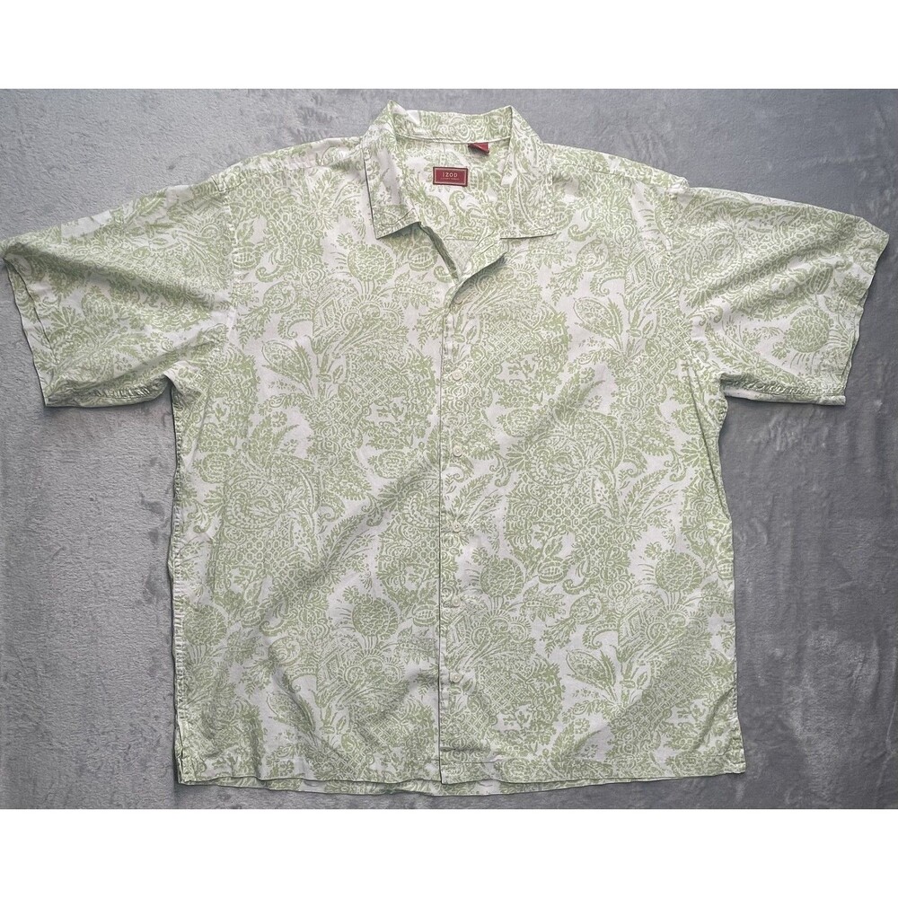 IZOD Luxury Sport Button Down Short Sleeve Green Hawaiian Palm Shirt Men's XL
